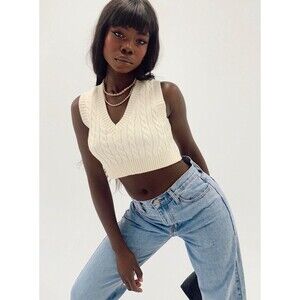 Princess Polly Sidney Cropped Cable Knit Sweater Vest White Cream M/L